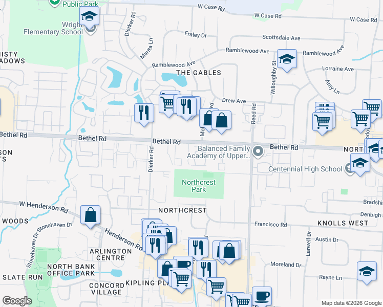 map of restaurants, bars, coffee shops, grocery stores, and more near 5260 Meadowknoll Lane in Columbus