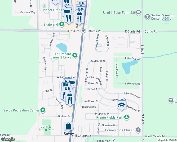 map of restaurants, bars, coffee shops, grocery stores, and more near 804 Bergamot Drive in Savoy