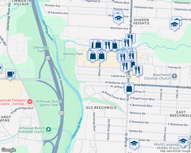 map of restaurants, bars, coffee shops, grocery stores, and more near 201 Leland Avenue in Columbus