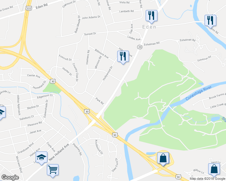 map of restaurants, bars, coffee shops, grocery stores, and more near 1457 New Holland Pike in Lancaster