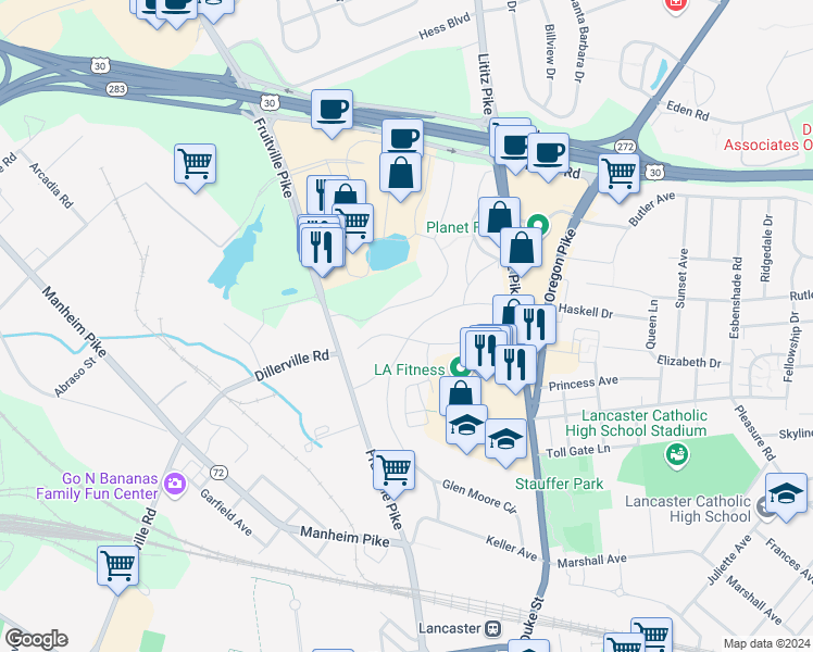map of restaurants, bars, coffee shops, grocery stores, and more near 97 Glen Moore Circle in Lancaster