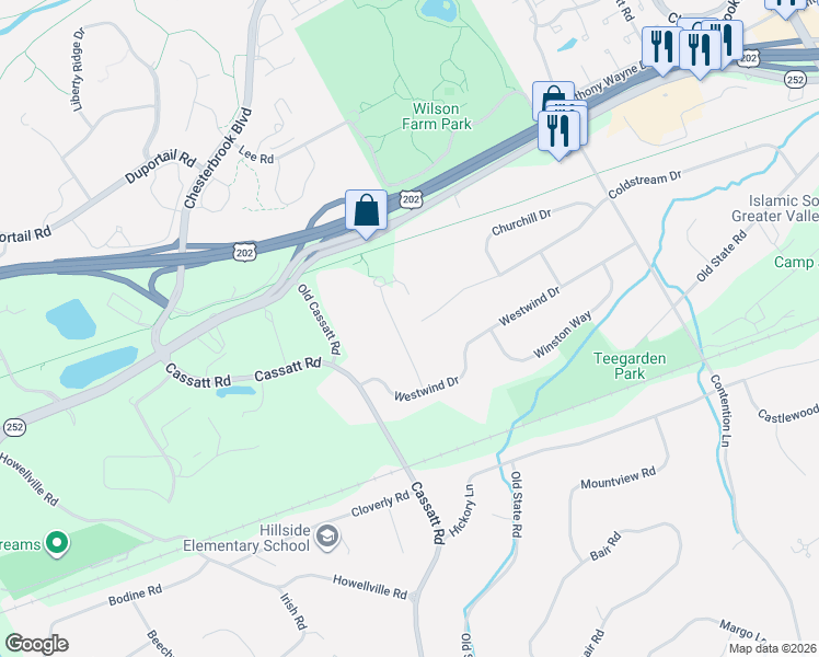 map of restaurants, bars, coffee shops, grocery stores, and more near 759 Tory Hollow Road in Berwyn