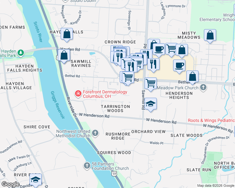 map of restaurants, bars, coffee shops, grocery stores, and more near 5302 Shiloh Drive in Columbus