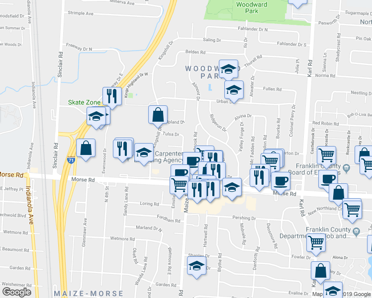 map of restaurants, bars, coffee shops, grocery stores, and more near 4772 Dechant Road in Columbus