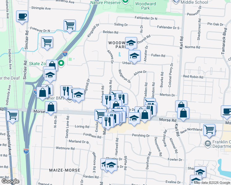 map of restaurants, bars, coffee shops, grocery stores, and more near 4765 Maize Road in Columbus