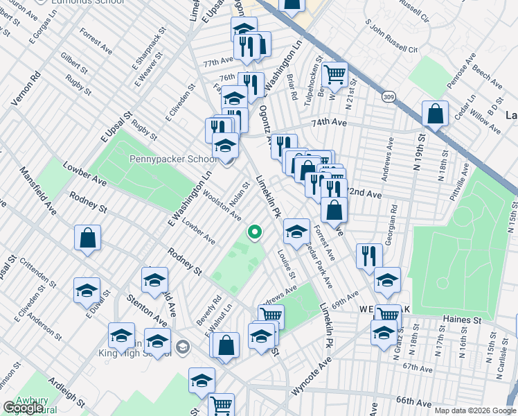 map of restaurants, bars, coffee shops, grocery stores, and more near 1826 East Tulpehocken Street in Philadelphia
