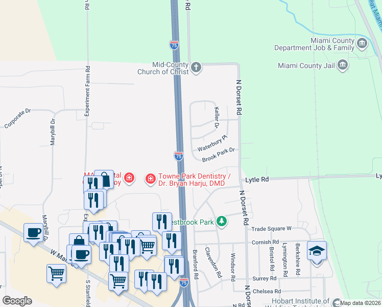 map of restaurants, bars, coffee shops, grocery stores, and more near 1552 Brook Park Drive in Troy