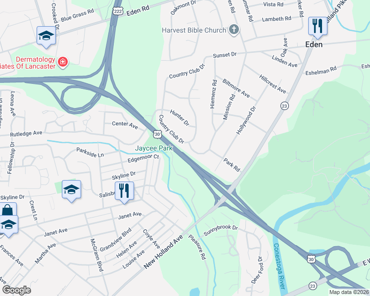 map of restaurants, bars, coffee shops, grocery stores, and more near 1348 Country Club Dr in Lancaster
