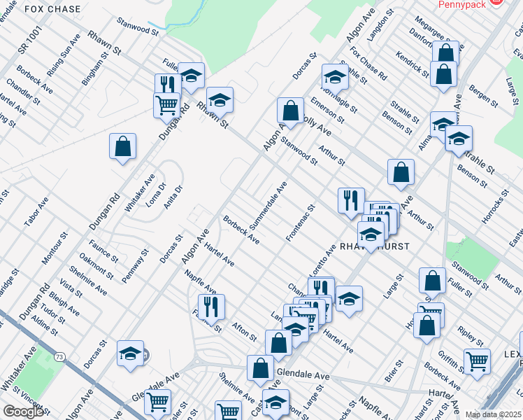 map of restaurants, bars, coffee shops, grocery stores, and more near 1634 Loney Street in Philadelphia