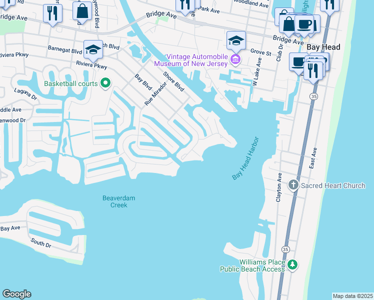 map of restaurants, bars, coffee shops, grocery stores, and more near 1710 Bay Boulevard in Point Pleasant