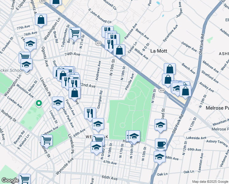 map of restaurants, bars, coffee shops, grocery stores, and more near 1820 72nd Avenue in Philadelphia
