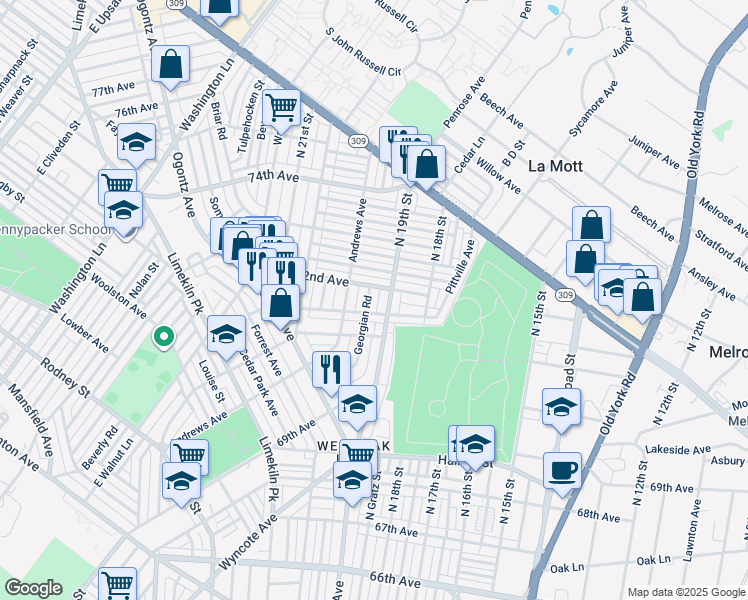 map of restaurants, bars, coffee shops, grocery stores, and more near 7167 Georgian Road in Philadelphia