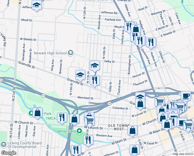 map of restaurants, bars, coffee shops, grocery stores, and more near 240 Woods Ave in Newark
