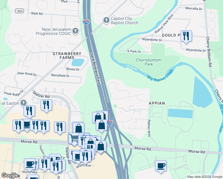 map of restaurants, bars, coffee shops, grocery stores, and more near 4138 Portobello Drive in Gahanna
