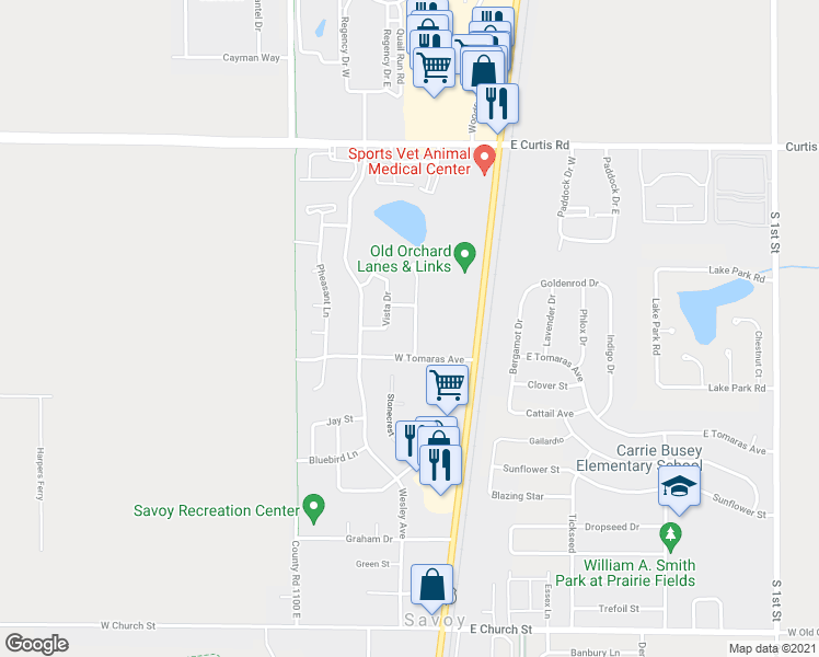 map of restaurants, bars, coffee shops, grocery stores, and more near 705b Ramblewood Court in Savoy