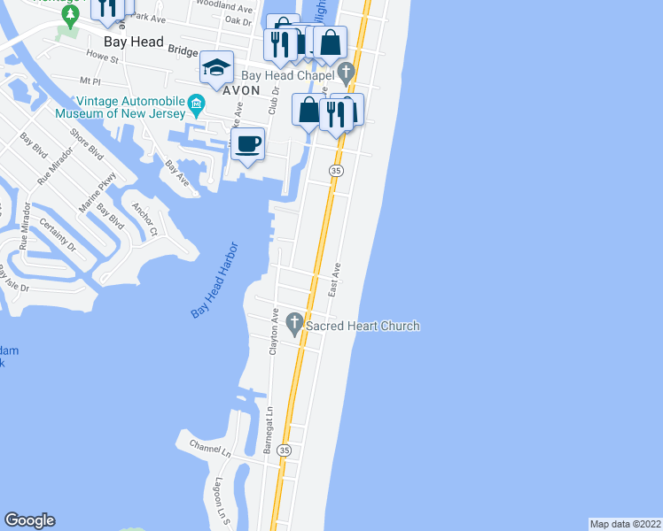 map of restaurants, bars, coffee shops, grocery stores, and more near 680 East Avenue in Bay Head