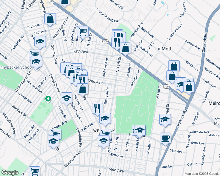 map of restaurants, bars, coffee shops, grocery stores, and more near 7167 Georgian Road in Philadelphia