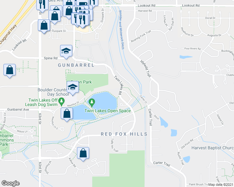 map of restaurants, bars, coffee shops, grocery stores, and more near 4895 Twin Lakes Road in Boulder