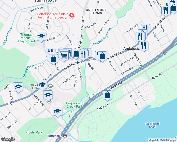 map of restaurants, bars, coffee shops, grocery stores, and more near 466 Robinson Avenue in Bensalem