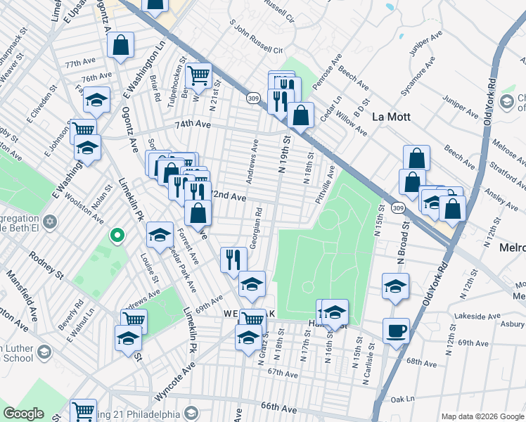 map of restaurants, bars, coffee shops, grocery stores, and more near 7165 Georgian Road in Philadelphia