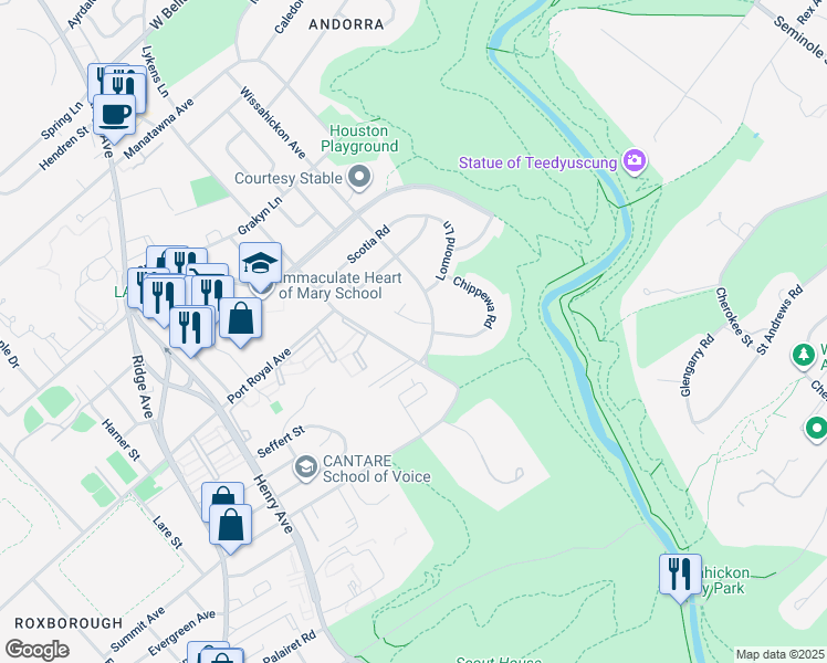 map of restaurants, bars, coffee shops, grocery stores, and more near 8502 Chippewa Road in Philadelphia