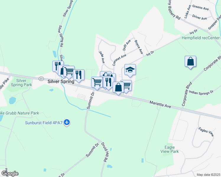 map of restaurants, bars, coffee shops, grocery stores, and more near 3530 Marietta Avenue in Lancaster