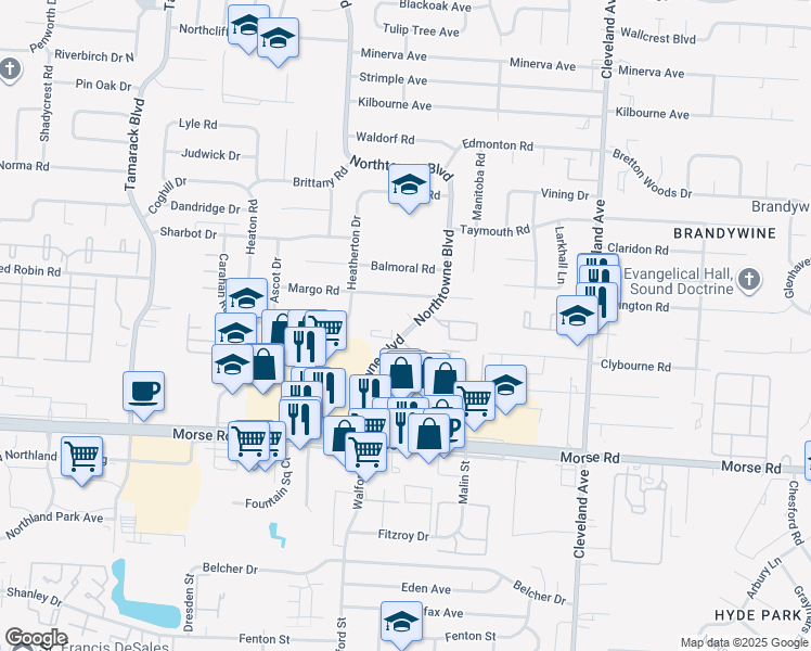 map of restaurants, bars, coffee shops, grocery stores, and more near 4615 Northtowne Boulevard in Columbus