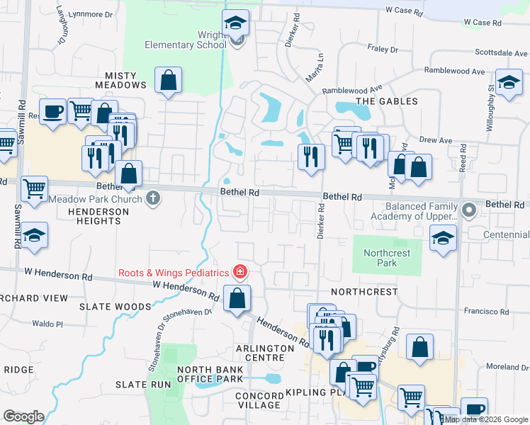 map of restaurants, bars, coffee shops, grocery stores, and more near 2279 Hedgerow Road in Columbus