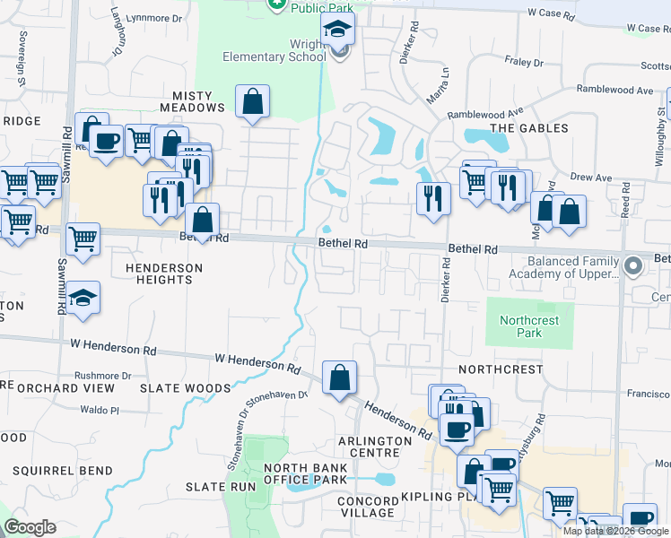 map of restaurants, bars, coffee shops, grocery stores, and more near 2350 Gavinley Way in Columbus