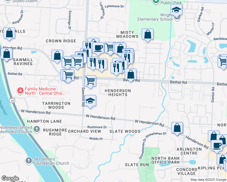 map of restaurants, bars, coffee shops, grocery stores, and more near 5322 Darlington Road in Columbus