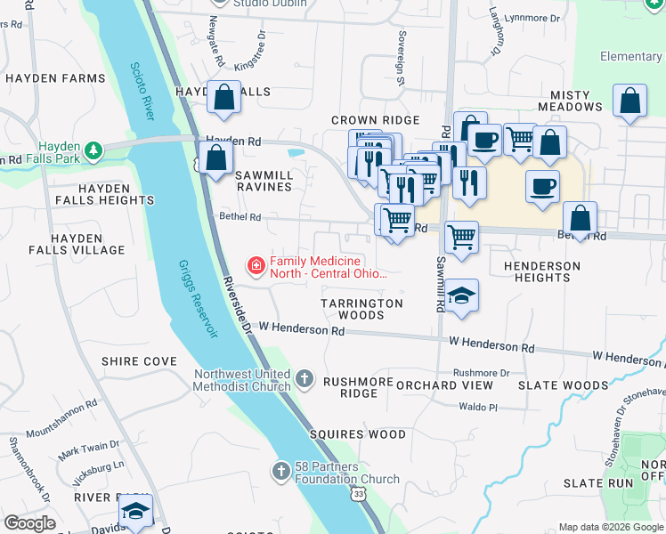 map of restaurants, bars, coffee shops, grocery stores, and more near 5318 Caleb Drive in Columbus