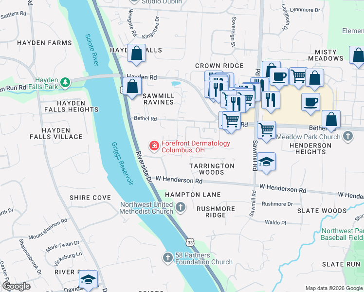 map of restaurants, bars, coffee shops, grocery stores, and more near 3115 Rivermill Drive in Columbus