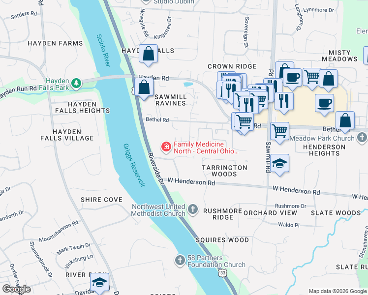 map of restaurants, bars, coffee shops, grocery stores, and more near 3115 Rivermill Drive in Columbus