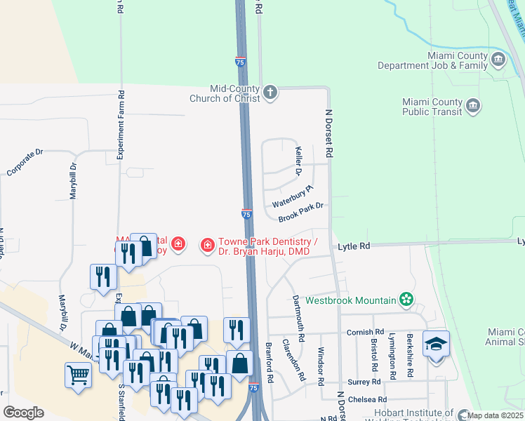 map of restaurants, bars, coffee shops, grocery stores, and more near 1552 Brook Park Drive in Troy