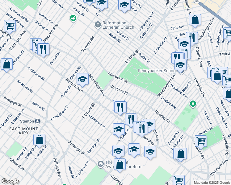 map of restaurants, bars, coffee shops, grocery stores, and more near 1513 East Cardeza Street in Philadelphia