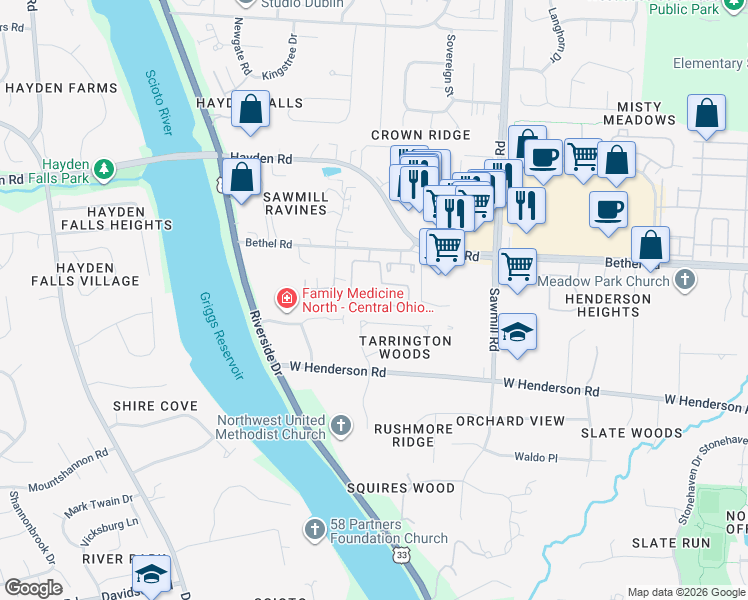 map of restaurants, bars, coffee shops, grocery stores, and more near 5318 Caleb Drive in Columbus