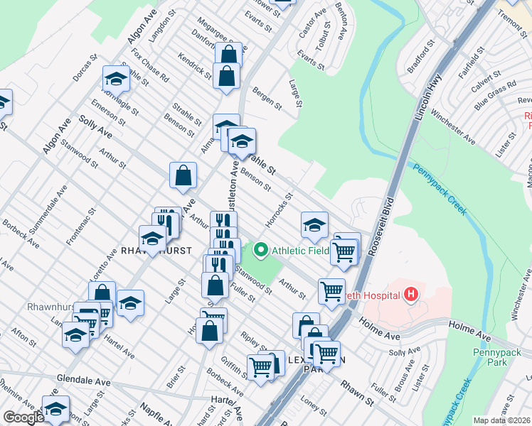 map of restaurants, bars, coffee shops, grocery stores, and more near 2150 Hoffnagle Street in Philadelphia