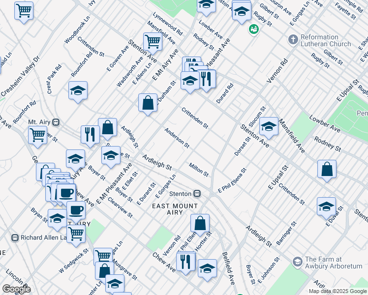 map of restaurants, bars, coffee shops, grocery stores, and more near 6908 Anderson Street in Philadelphia