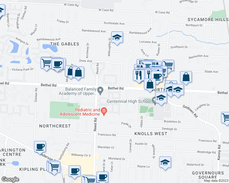 map of restaurants, bars, coffee shops, grocery stores, and more near 1674 Saint James Court in Columbus