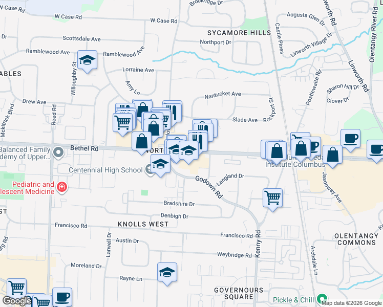 map of restaurants, bars, coffee shops, grocery stores, and more near 1345 Bethel Road in Columbus