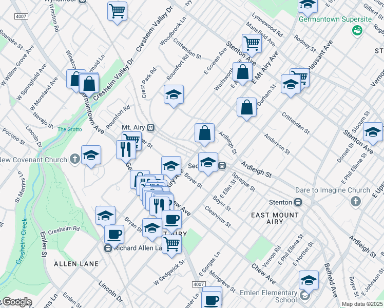 map of restaurants, bars, coffee shops, grocery stores, and more near 235 East Mount Airy Avenue in Philadelphia