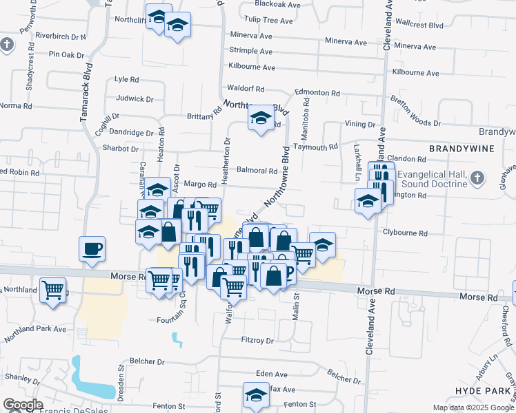 map of restaurants, bars, coffee shops, grocery stores, and more near 4615 Northtowne Boulevard in Columbus