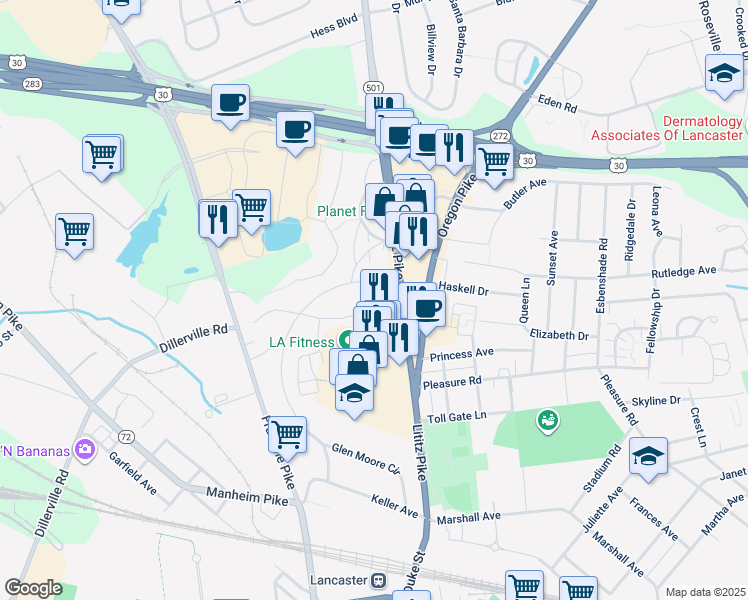 map of restaurants, bars, coffee shops, grocery stores, and more near 25 Roosevelt Boulevard in Lancaster