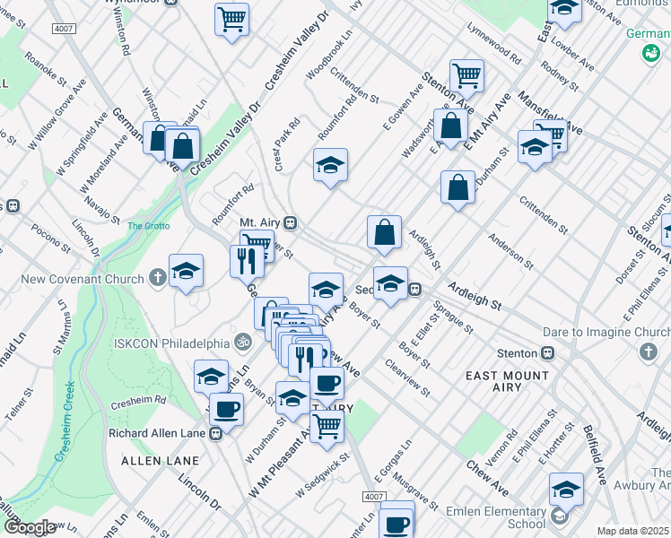 map of restaurants, bars, coffee shops, grocery stores, and more near 7240 Devon Street in Philadelphia
