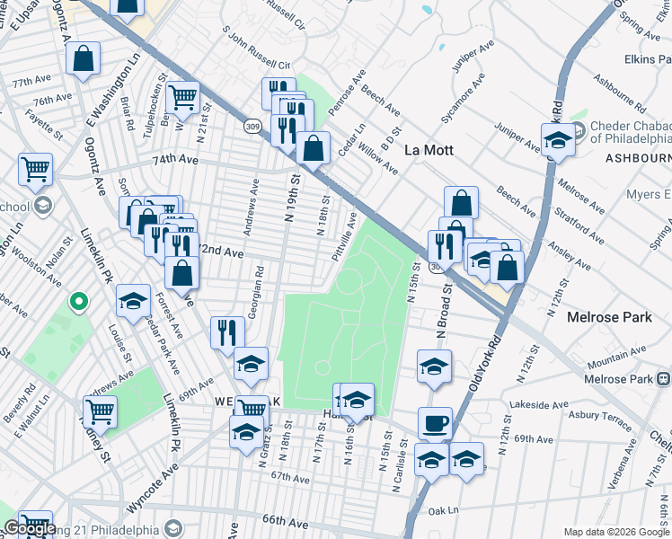 map of restaurants, bars, coffee shops, grocery stores, and more near 7222 Pittville Avenue in Philadelphia