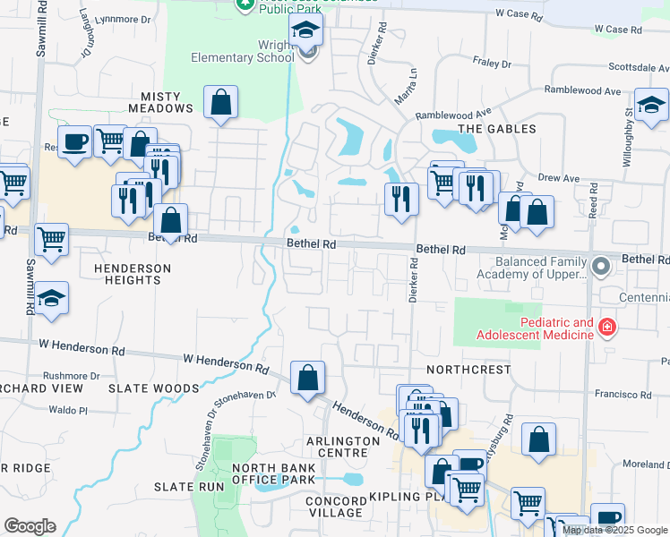 map of restaurants, bars, coffee shops, grocery stores, and more near 2279 Hedgerow Road in Columbus
