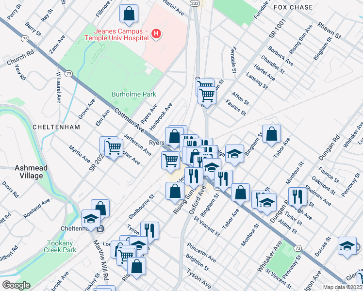 map of restaurants, bars, coffee shops, grocery stores, and more near 7325 Rockwell Avenue in Philadelphia
