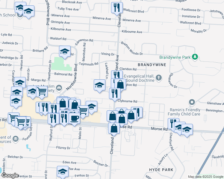 map of restaurants, bars, coffee shops, grocery stores, and more near 4625 Grovedale Court in Columbus