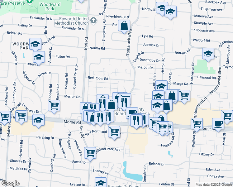 map of restaurants, bars, coffee shops, grocery stores, and more near 4711 Stoneway Drive in Columbus
