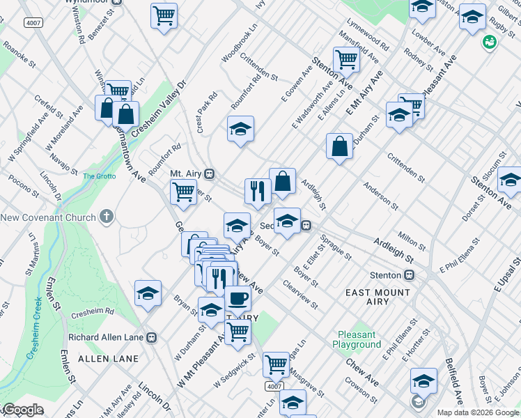 map of restaurants, bars, coffee shops, grocery stores, and more near 235-37 East Mount Airy Avenue in Philadelphia